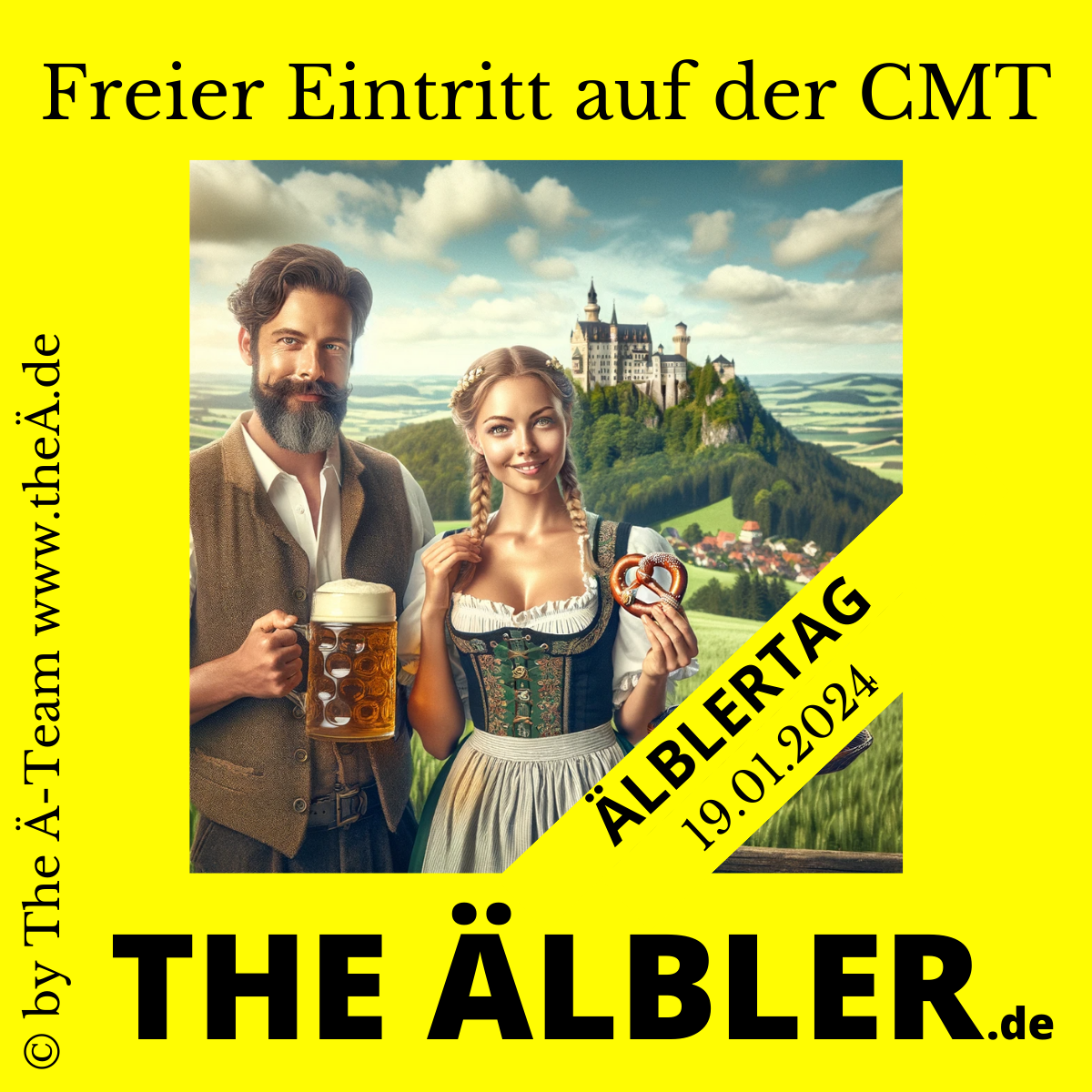 ÄLBLERTAG - So sichern Sie sich Freitickets zur CMT 2024 Ein männlicher und eine weibliche Bewohnerin der Schwäbischen Alb in traditioneller Tracht stehen vor der malerischen Landschaft der Schwäbischen Alb. Der Mann, lächelnd und lebhaft, hält einen rustikalen Krug Bier in der Hand. Neben ihm steht eine Frau mit einem freundlichen Gesichtsausdruck, die eine frisch gebackene Brezel hält. Im Hintergrund erhebt sich majestätisch die Burg Hohenzollern, umgeben von sanften grünen Hügeln und einem strahlend blauen Himmel. Das Bild fängt die kulturelle Essenz und die natürliche Schönheit der Region eindrucksvoll ein.