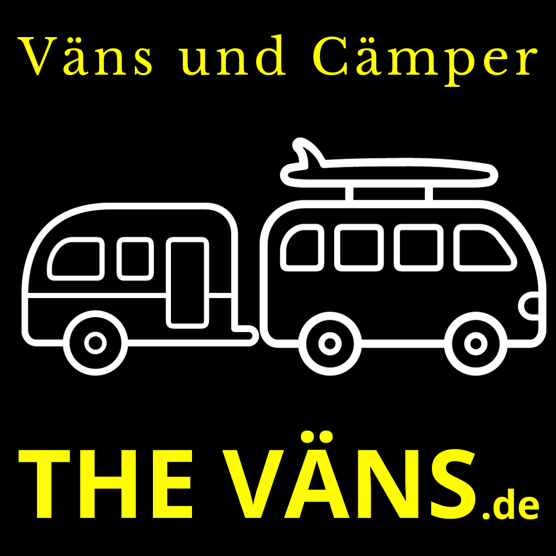 Beispiel-Bild THEVÄNS.de Beispiel-Bild THEVÄNS.de in schwarz mit leuchtgelber Schrift "Väns und Cämper" mit Bulli, Surfbrett und Wohnanhäger