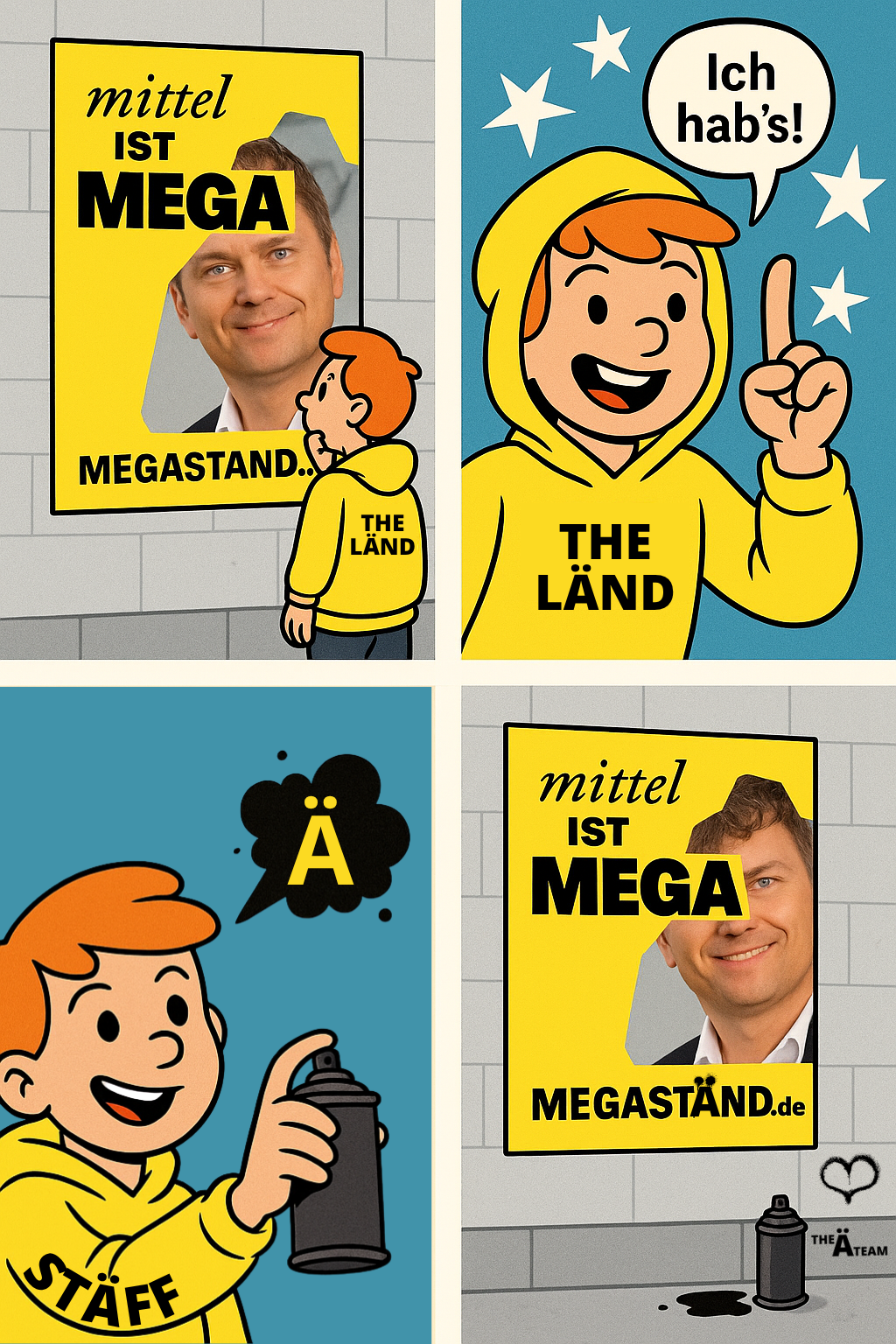 Vom MEGASTAND zum MEGASTÄND – wie ein fehlendes Ä zur vollen Aussage führt. Comic in vier Panels: Eine Person im Hoodie betrachtet ein MEGASTAND-Plakat mit dem Slogan „mittel ist MEGA“, bei dem ein Teil der Schrift fehlt. Im zweiten Panel kommt ihr die Idee. Im dritten Panel hält sie eine Spraydose mit einem leuchtenden „Ä“ in der Gedankenblase. Im vierten Panel wurde das Plakat ergänzt: Aus „MEGASTAND“ wurde „MEGASTÄND“. Auf dem Boden liegt die Spraydose. Der Hoodie trägt die Aufschrift "THE LÄND" und „THE STÄFF“.