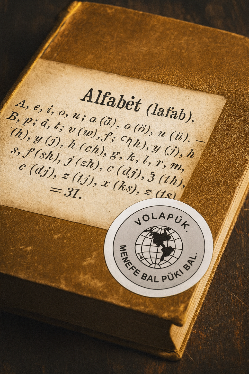 Das Volapük-Alfabèt – Sprachinnovation aus dem heutigen Baden-Württemberg: Das erste Weltsprache-Alphabet mit Ä, Ö und Ü. Ein altes, braun gebundenes Buch liegt auf einem Holztisch. Auf dem vergilbten Umschlag steht in klassischer Serifenschrift „Alfabèt (lafab)“ sowie das vollständige Volapük-Alphabet mit Umlauten Ä, Ö und Ü. Unten rechts ist ein rundes Logo mit Globus zu sehen, umrahmt von der Aufschrift „VOLAPÜK. MENEFE BAL PÜKI BAL.“ – warmes Licht, Vintage-Ästhetik, Fokus auf Typografie und historische Details.
