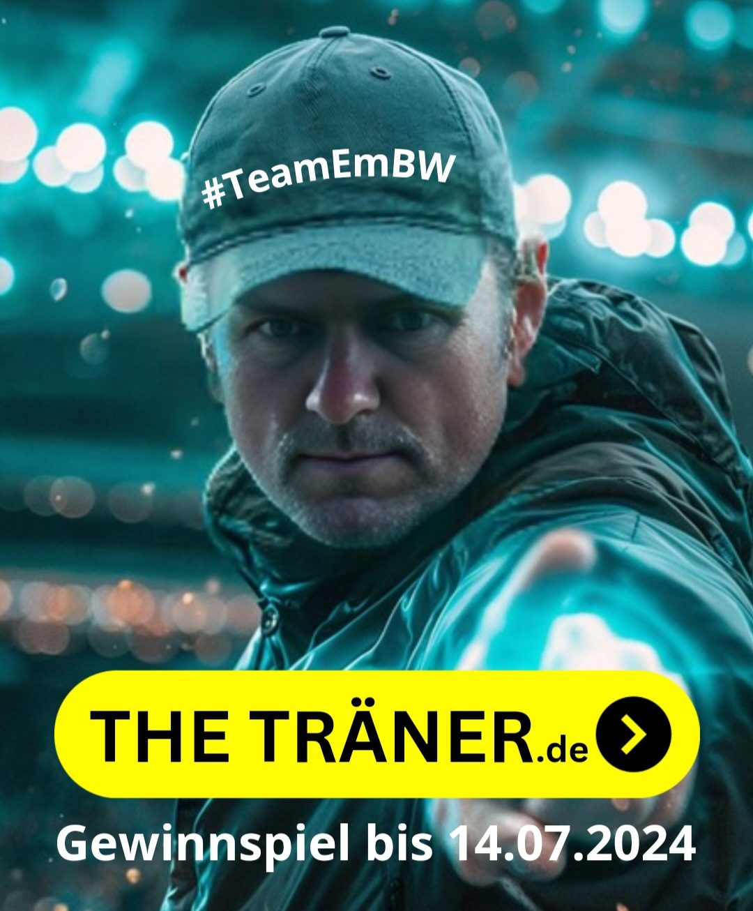THE TRÄNER - So holst Du Dir ein Home-Viewing-Event im Wert von 5.000 EUR - Nur noch heute! KI-generiertes Portrait eines BundestrAIners mit Baseball-Cap, der auf den Button "THETRÄNER.de" zeigt.
