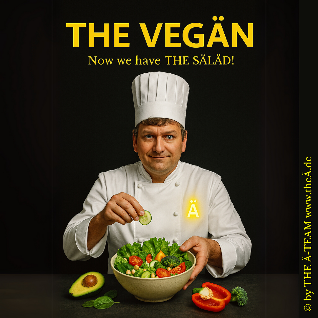 THE VEGÄN - Now we have THE SÄLÄD! Ein Filmplakat in THE LÄND Style mit dunklem Hintergrund, darauf ein Koch mit einem leuchtenden Ä auf der Brust, der einen leckeren Salat präsentiert. Text: THE VEGÄN - Now we have THE SÄLÄD!