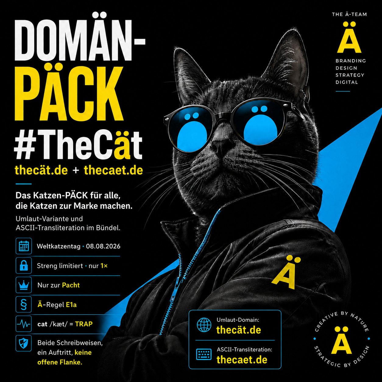 DOMÄN-PÄCK #TheCät: thecät.de und thecaet.de Schwarze Katze mit Sonnenbrille im Key-Visual des DOMÄN-PÄCKs #TheCät, daneben die Eckdaten thecät.de und thecaet.de, Weltkatzentag 08.08.2026, nur zur Pacht, Ä-Regel E1a.