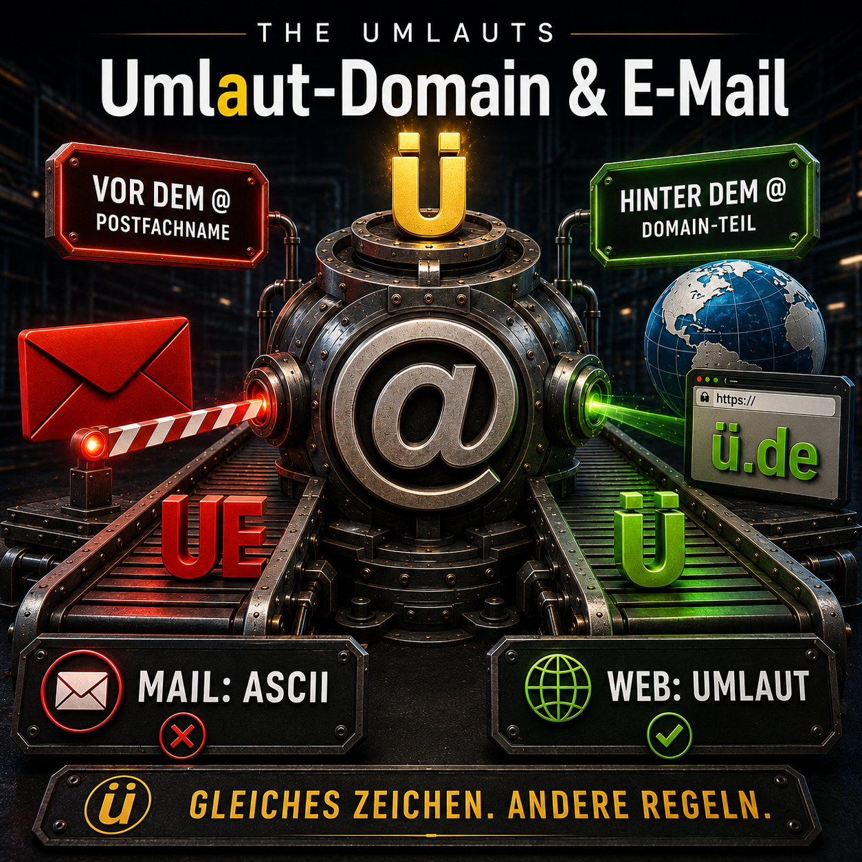 Umlaut-Domain und E-Mail: Mail ASCII, Web Umlaut 3D-Grafik einer Sortiermaschine mit großem @-Symbol: Links wird ein Umlaut für E-Mail in ASCII umgewandelt, rechts bleibt der Umlaut für Web und Domain erhalten.